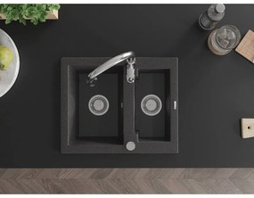 Mexen Carlos, 1,5-komorový granitový drez 582x475x177 mm a drezová batéria Savita, čierna škvrtnitá, 6518-76-672601-00
