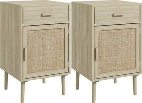 HOMCOM Set 2 Nočných Stolíkov s Ratanovým Zásuvkou a Nastaviteľnou Poličkou pre Spálňu a Obývačku 40x40x68,5 cm Dub | Aosom