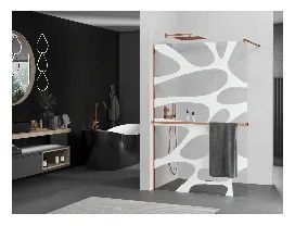 Mexen Kioto, sprchová zástena s poličkou a držiakom na uteráky 120 x 200 cm, 8mm číre sklo s bielym vzorom, profil ružové zlato, 800-120-121-60-97