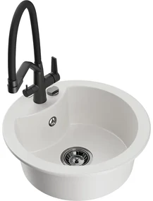 Mexen Diego, 1-komorový granitový drez 488x488x167 mm a drezová batéria Duo, biela, 6512-20-671701-70-B