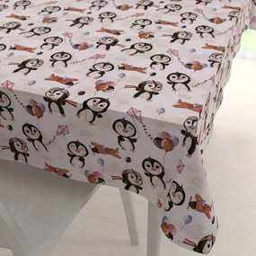 Biante Detský bavlnený obdĺžnikový obrus Sandra SA-647 Tučniačiky s hnedými lietadielkami na bielom 60x100 cm