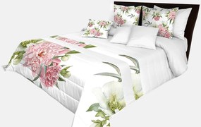 Prehoz na posteľ v bielej farbe s potlačou veľkej ružovej kvetiny a zelených listov