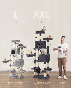 Mačací strom XL, so 13 škrabadlami, výška 206 cm, dymovo sivá farba