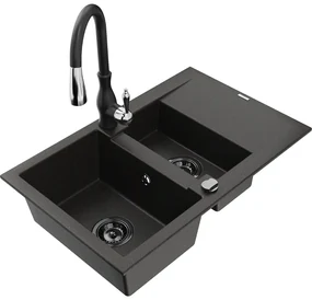 Mexen Gaspar, 1,5-komorový granitový drez 737x475x177 mm a drezová batéria Savita, čierna-zlatá metalíza, 6507-75-672601-70-B