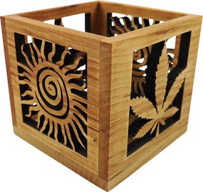 AMADEA Drevený svietnik kocky s motívom listu a slnka, masívne drevo, 10x10x10 cm
