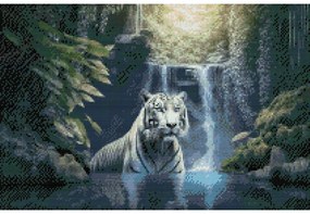 Gario Diamantové maľovanie Biely tiger pri vodopáde Rozmery: 60 x 40 cm, Rámovanie: Iba zrolované plátno, Diamanty: Okrúhle