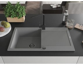 Mexen Leo, drez granitový 900x500x190 mm, 1-komorový, šedý s čiernym sifónom a čierna drezová batéria Rita, 6501-71-670300-70-B