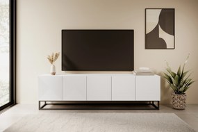 TV stolík Asha 200 cm na čiernom podstavci - biely mat
