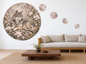 Odpočívajúci vlk medzi magnóliami elegantné okrúhle nálepky na stenu do spálne arch 46 x 46 cm