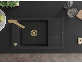 Mexen Elias, granitový drez granitový 795x480x200 mm, 1-komorový, čierna-strieborná metalíza so zlatým sifónom a zlatá drezová batéria Rita, 6511-73-670300-50