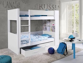 Detská poschodová posteľ z masívu borovice GASPAR so šuplíkmi a regálom - 200x90 cm - biela