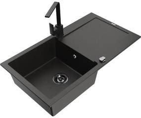 Mexen Leo, drez granitový 900x500x190 mm, 1-komorový, čierna - zlatá metalíza s čiernym sifónom a čierna drezová batéria Rita, 6501-75-670300-70-B