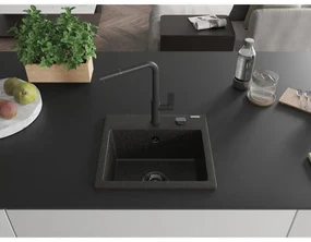 Mexen Milo, 1-komorový granitový drez 435x410x171 mm a drezová batéria Flora, čierna-zlatá metalíza, 6505-75-670401-70-B