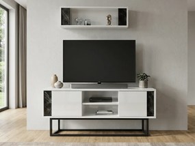 Televízny stolík CLARA 160 cm s nástennou policou, biely/čierny mramor