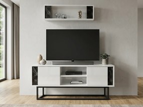Televízny stolík CLARA 160 cm s nástennou policou, biely/čierny mramor