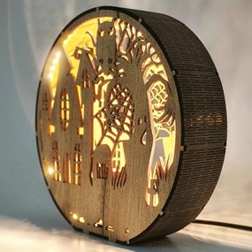 Drevená lampa Halloween - Strašidelný dom s sovou | DRACO: HDF - Orech 20 cm 4796-115339 LED0619