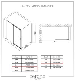 Cerano Lantono, sprchovací kút s posuvnými dverami 130(dvere) x 80(stena) x 195 cm, 8mm číre sklo, čierny profil, CER-CER-431509