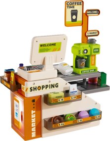 LEAN Toys Detská pokladňa s príslušenstvom obchod a kaviareň, svetlá a zvuky 70 ks
