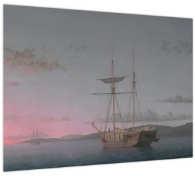 Sklenený obraz - Fitz Henry Lane, Lumber Schooners at Evening on Penobscot Bay, reprodukcia (70x50 cm)