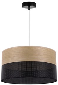 Závesné svietidlo Wood, 1x dýha zlatý dub/čierne PVC tienidlo, (fi 40cm)