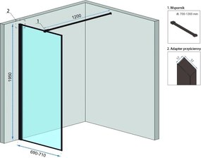 Rea Bler, sprchová zástena typ Walk-In 70x195cm, 8mm číre sklo, čierny profil + polica a vešiak na uteráky EVO, KPL-K7636