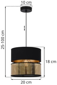 Závesné svietidlo Asti2, 1x PVC/čierne textilné tienidlo, (fi 20cm), g, b