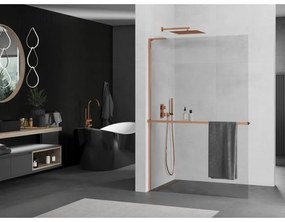 Mexen Kioto+ L, sprchová zástena Walk-In s poličkou a vešiakom 110 x 200 cm, 8mm číre sklo, ružové zlato profil, 800-110-123-60-00