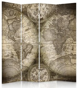Ozdobný paraván, Starožitná mapa světa - 145x170 cm, štvordielny, klasický paraván