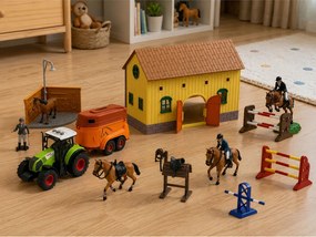 LEAN Toys Súprava „Farma, chov, traktor, prekážková dráha, skokanské prekážky, kone, figúrky“ – 72 dielov