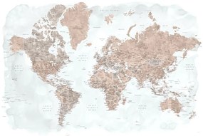 Mapa Neutrals and muted blue watercolor world map with cities, Calista, Blursbyai