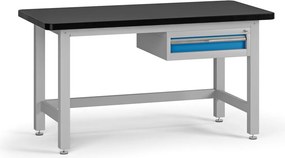 Pracovný stôl do dielne G4 so závesným boxom na náradie, 1 zásuvka, MDF + PVC doska, 1500 x 750 x 800 mm, modrá