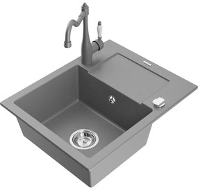 Mexen Enzo, granitový drez 576x465x174 mm, 1-komorový a drezová batéria Carla, šedá, 6506-71-670700-71