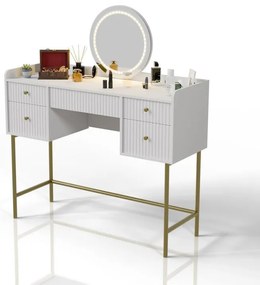 Toaletný stolík s LED zrkadlom, 5 zásuviek, biela/zlatá