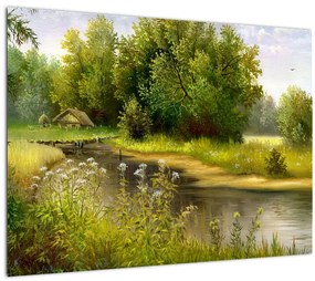 Obraz - Rieka pri lese, olejomaľba (70x50 cm)