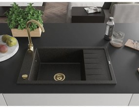 Mexen Elias, 1-komorový granitový drez s odkvapkávačom 80x48 cm a kuchynskou batériou Telma, čierna-zlatá, 6511-75-670200-50