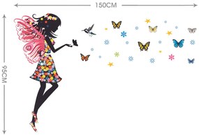 Samolepka na stenu "Víla s motýľmi a kolibríkom" 95x150 cm