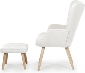 Relaxačné kreslo ušiak ROMEO II + taburet — masívne drevo, látka bouclé, prírodná / biela
