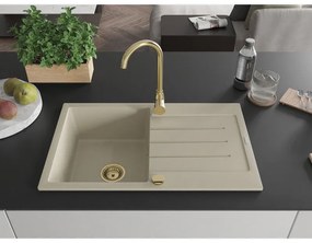 Mexen Bruno, 1-komorový granitový drez s odkvapkávačom 795x495x200 mm a zlatá kuchynská batéria Telma, béžová, 6513-69-670200-50