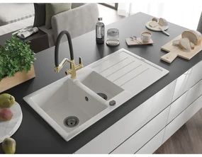 Mexen Andres, granitový drez 1000x500x200 mm, 1,5-komorový a drezová batéria Duo, biela, 6515-20-671701-57-B