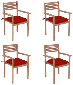 Záhradné stoličky 4 ks červené podložky teakový masív