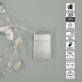 Osvetlenie perly a strieborné listy, 20 LED, tep. biela,2 ks