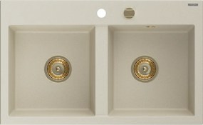 Mexen Hektor, 2-komorový granitový drez 800x480x205 mm, béžová, zlatý sifón, 6521802000-69-G