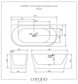 Cerano Grazia, voľne stojaca akrylátová vaňa 150x75 cm, biela, CER-CER-413621