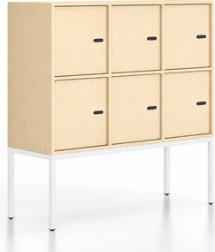 Kancelárska skriňa FRAME, nízka, biela podnož, 6x dvere, 1299 x 450 x 1331 mm, mechanický kódový zámok, breza