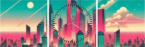 Obraz – Veľkomesto v pop-art štýle (s hodinami) (90x30 cm)