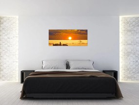 Obraz - Zebry so západom slnka (120x50 cm)