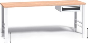 Výškovo nastaviteľný pracovný stôl do dielne G3 so závesným boxom na náradie, buková škárovka, 1 zásuvka, 2000 x 685 x 840 - 1050 mm, grafit