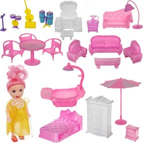 Trojposchodový domček pre bábiky s balkónom – bábika + 22 kusov nábytku