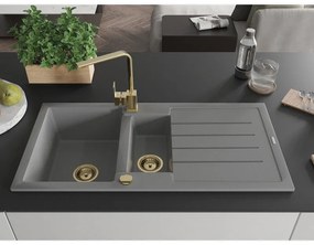 Mexen Andres, granitový drez 1000x500x200 mm, 1,5-komorový, šedá so zlatým sifónom a zlatá drezová batéria Rita, 6515-71-670300-50