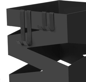 Kovový držiak na dáždniky, štvorcový, s háčikmi a odkvapkávačom, čierny